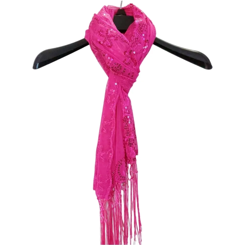 Womens Pink Mesh Sequin Metallic Party Prom Wedding Shawl Scarf With Fringe